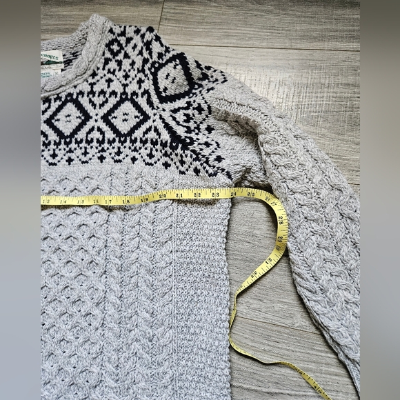 Aran Crafts Light Gray Cable Knit Sweater with Navy Fair Isle Yoke